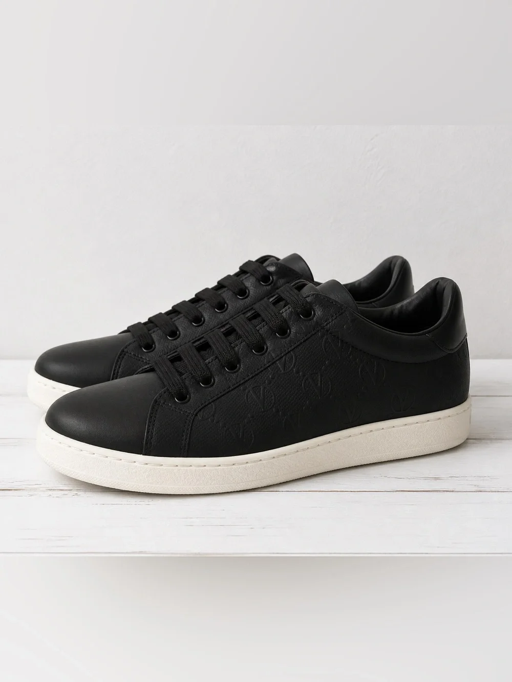 Valentino Cassandra Black Leather Low-Top Logo Lace Up Sneakers with White Sole
